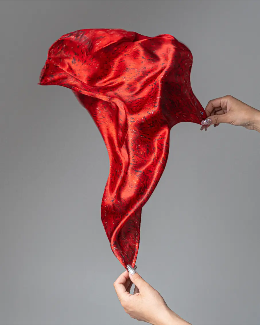 Red Bloom Symphony deep red – Anda Abstract Small Silk Scarf 55×55 cm - Image 4